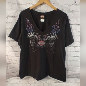 Harley Davidson Pink Purple Flames Embelishment V Neck Shirt 2XL